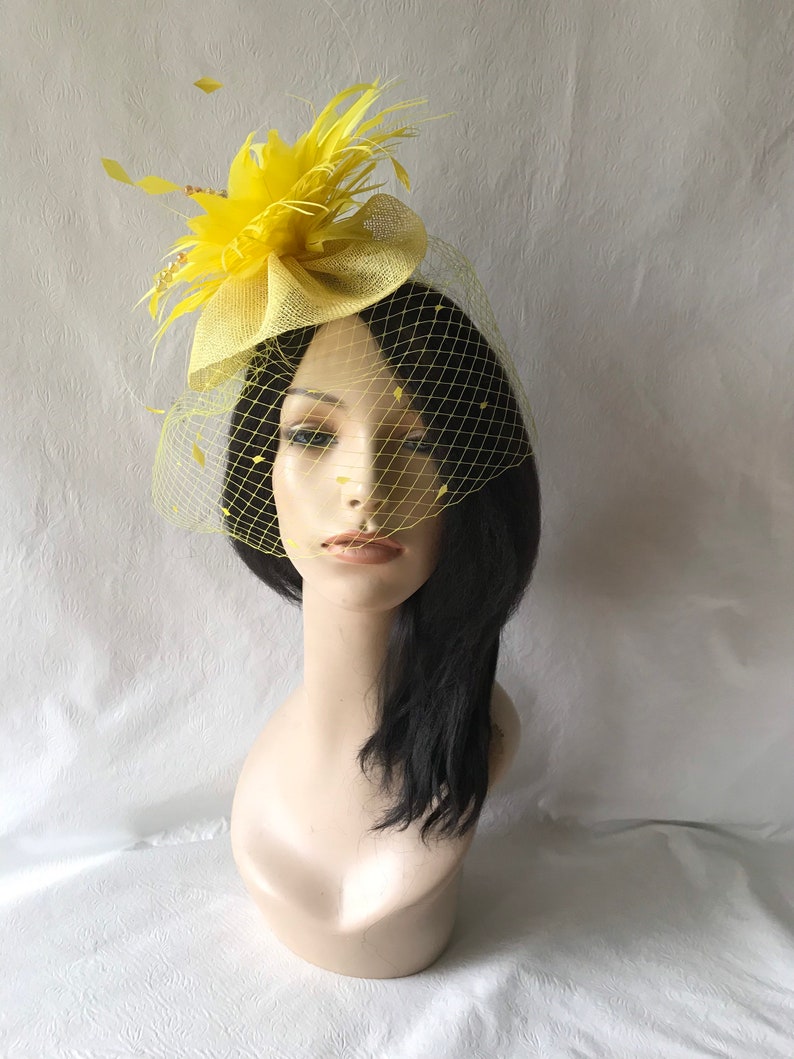 Kentucky Derby Yellow fascinator with dotted veil for wedding church hat for races mother of the bride or special occasion tea party