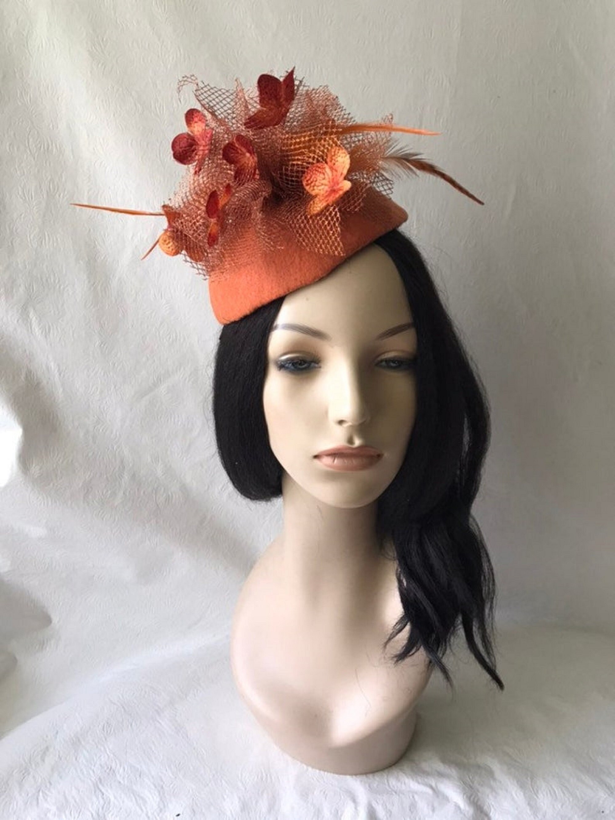 Rust Orange Fascinator Hat With Flowers for Fall Wedding Hat