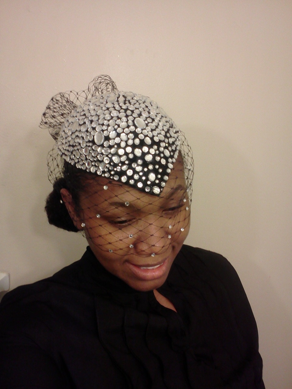 Chic Black Veil Hat with Rhinestone Accent Black Veil Gold Rhinestone Bejewel Fascinator Hat Rhinestone  main image 4