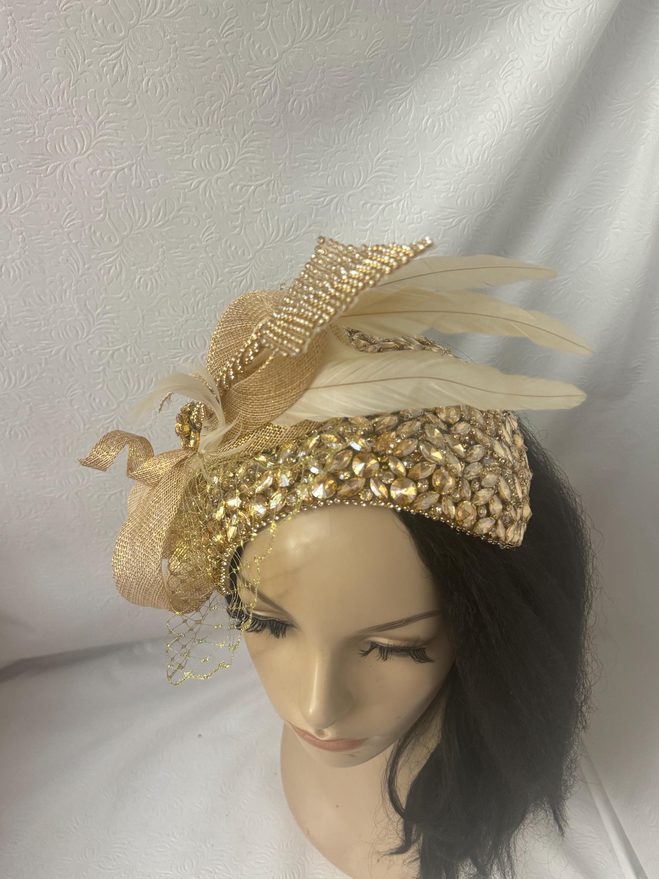 Champagne Italy Hat Fascinator Womens Brown Taffeta Rhinestone Derby Church‎ Champagne Gold Lady Elegant Dress Church Gemstone Beaded  main image 3