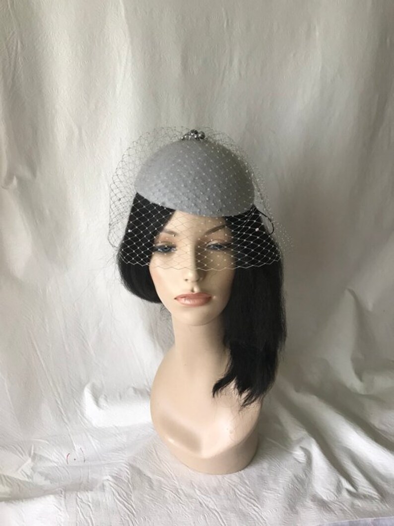 Gray Fascinator Hat With Rhinestones Veil Grey Bridal Wedding Etsy