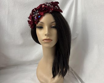 Vintage Burgundy Flower Half Hat Fascinator – Handmade Beaded Headpiece for Weddings, Church, Derby & Elegant Gifts for Her