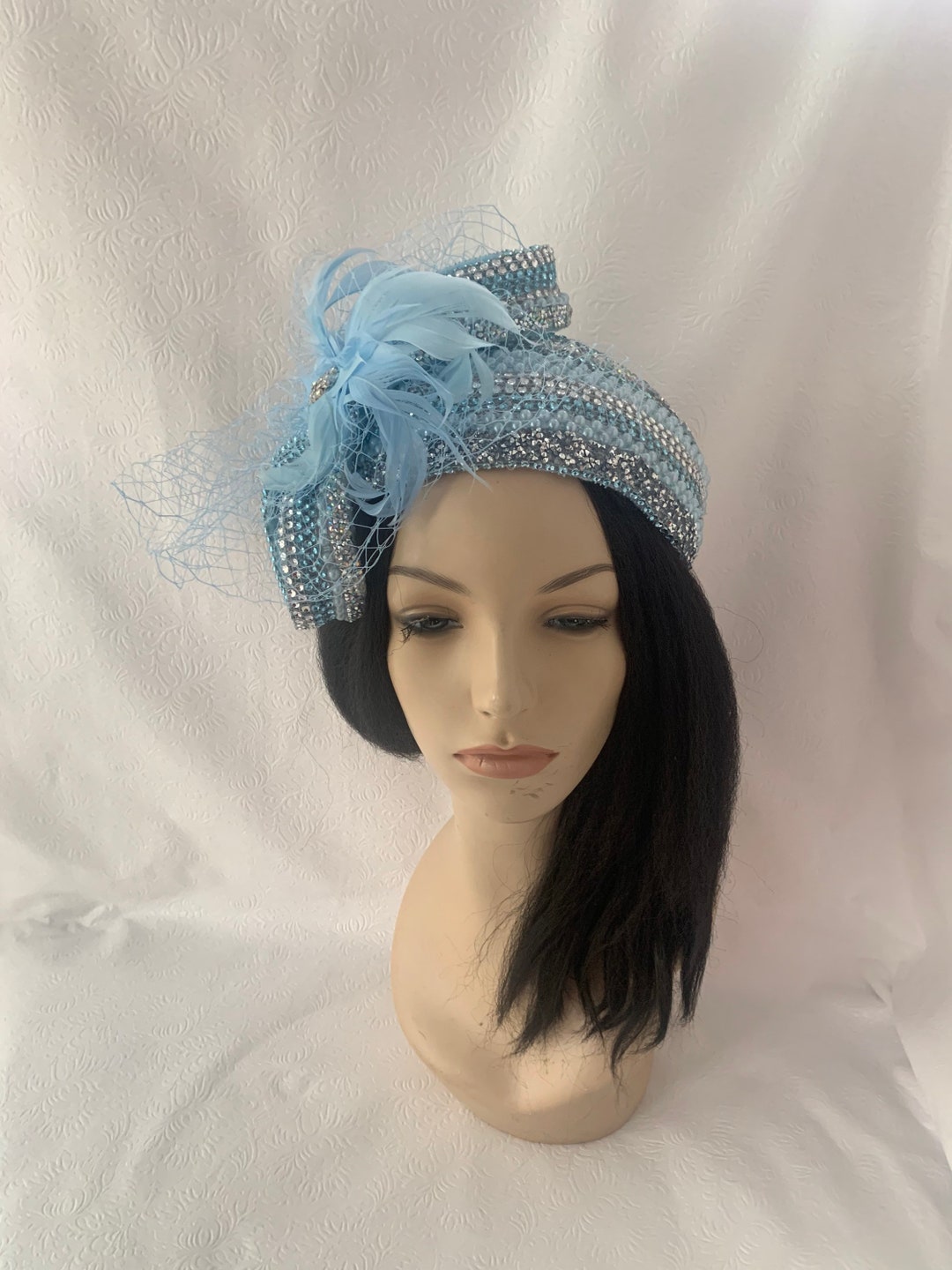 Light Blue Jeweled Vintage Style Half Hat With Bow for Mother of the