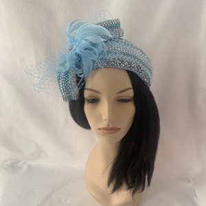 Light blue Jeweled vintage style half hat with bow for Mother of the bride wedding hat, Women’s church hat, Kentucky Derby, Tea Party hat