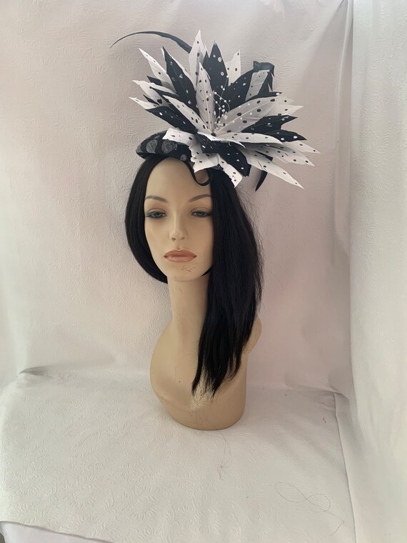 Black and White Polka Dots Kentucky Derby Feather Flower 