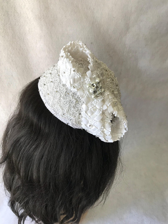 White Pearl Beaded Pillbox Fascinator Hat for Church, Formal  display picture 1