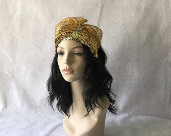Gold Vintage Half Hat, Gold Church Hat with Large Bow, Gold Sequin Fascinator Hat, Gold Wedding Hatinator, Gold hat, Pin Up, Retro Hat