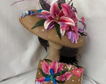 Lily Floral derby wide brim Veil Fascinator Hat and Matching Clutch Set for Formal Occasions -  Church Wedding Statement Headpiece