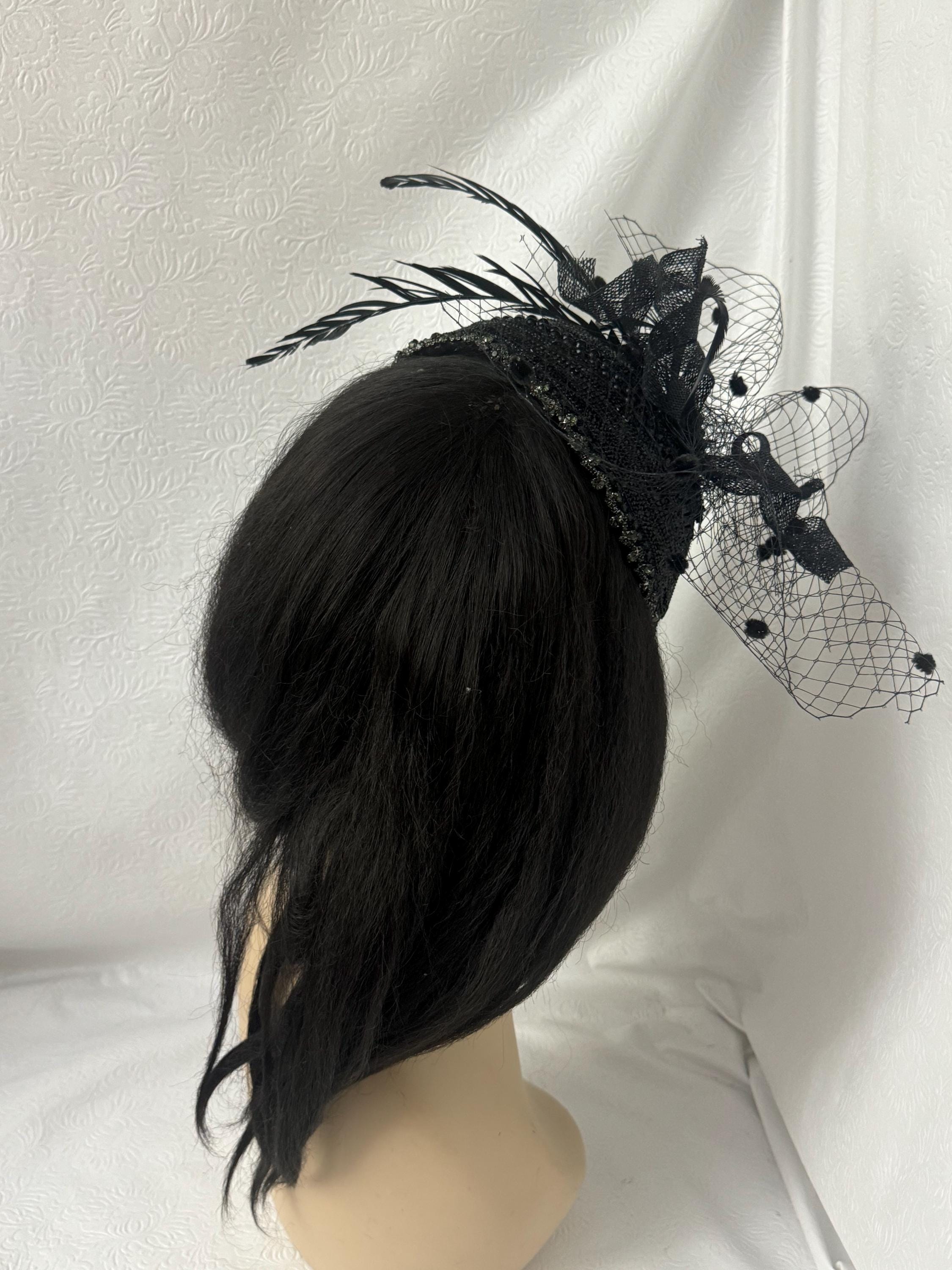 Beloved Millinery Elegant Feminine Handcrafted Black Headband Fascinator NWT Elegant Black Beaded Fascinator Hat With Feathers and Veil  main image 2