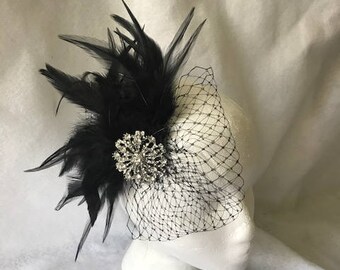 Black Gatsby Feather Fascinator Hair Clip, Black Wedding