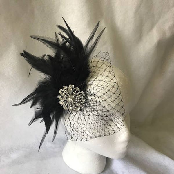 Barrette bibi plume Gatsby noire, bibi de mariage noir, morceau de cheveux plume noire, casque plume noire, peigne plume noire