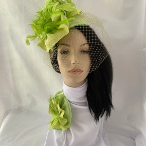 Lime Green yellow feather fascinator hat for tea party, gift set idea for Fashionista, Church hat with matching brooch, Chartreuse image 7