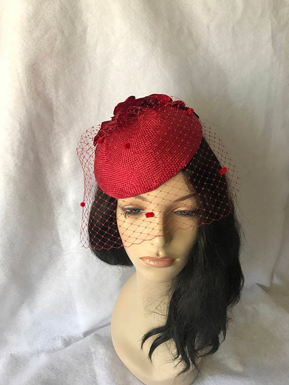 Handmade Red Pillbox Flower Fascinator Red Floral Vintage Fascinator Hat With Dotted Veil / Pillbox  main image 2