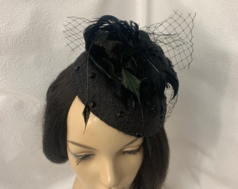 Black small pillbox fascinator hat for Kentucky derby, women’s church hat, tea party, mother of the bride hat, wedding, funeral, races hat