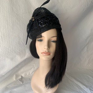 Black Ladies Designer Church Hat - Swiss Braided, Rhinestone Bow and feather quill - Formal Pillbox Hat for women, Wedding, Church,