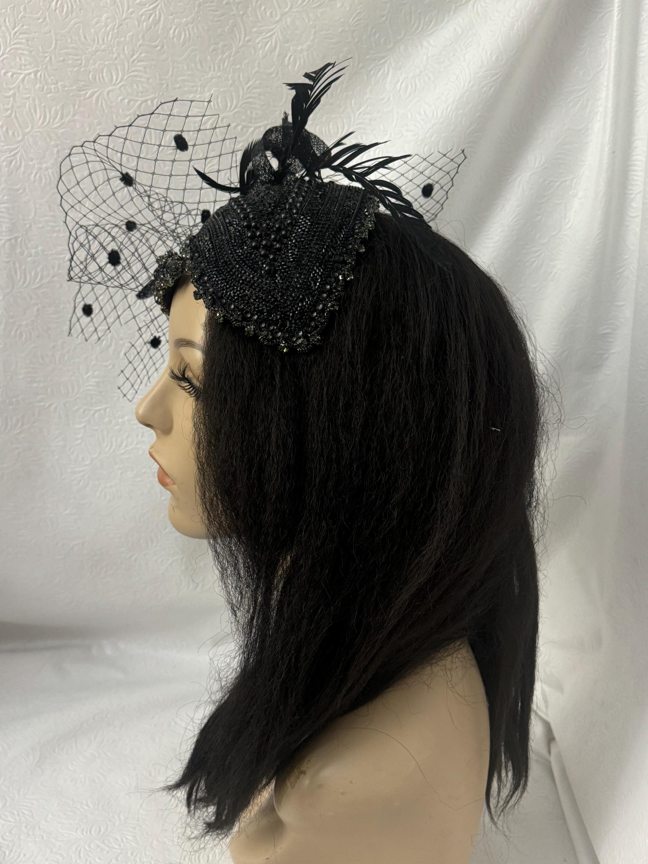 Elegant Black Beaded Fascinator Hat With Feathers and Veil 