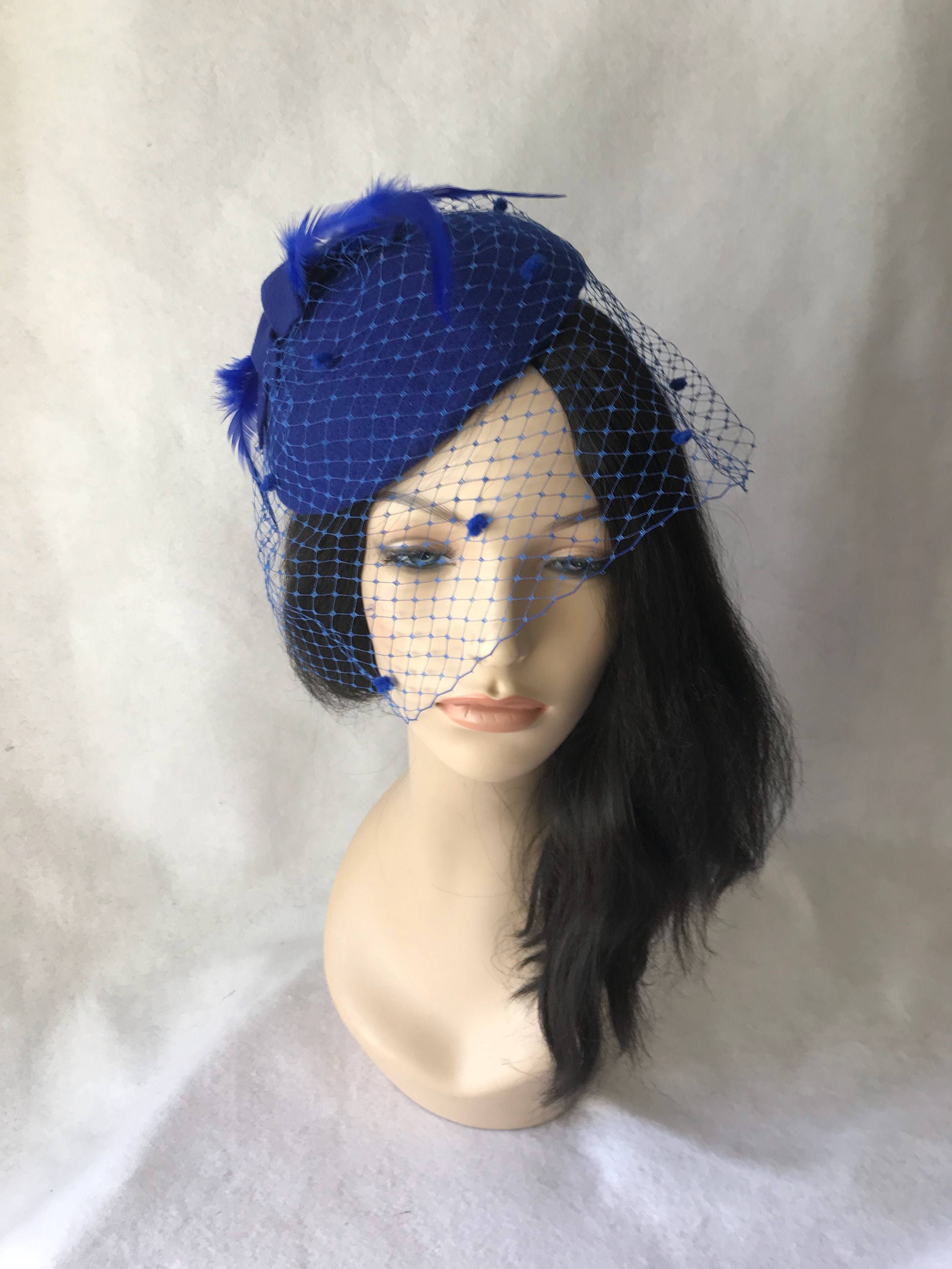 Royal blue Felt fascinator, Royal blue winter fascinator hat, Royal