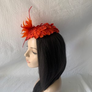 Red Orange flower Kentucky Derby fascinator hat with feather Mother of the bride wedding hat Derby Tea Party hat ladies church hat image 5