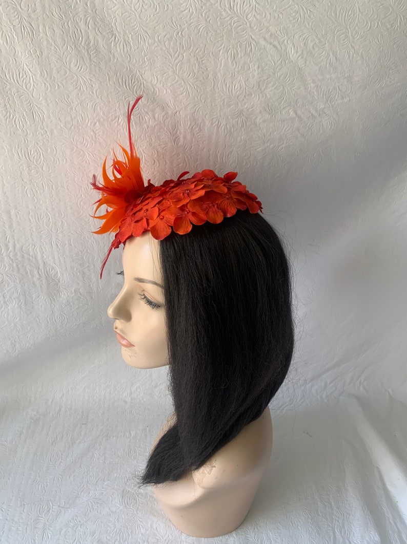 Red Orange flower Kentucky Derby fascinator hat with feather Mother of the bride wedding hat Derby Tea Party hat ladies church hat image 5