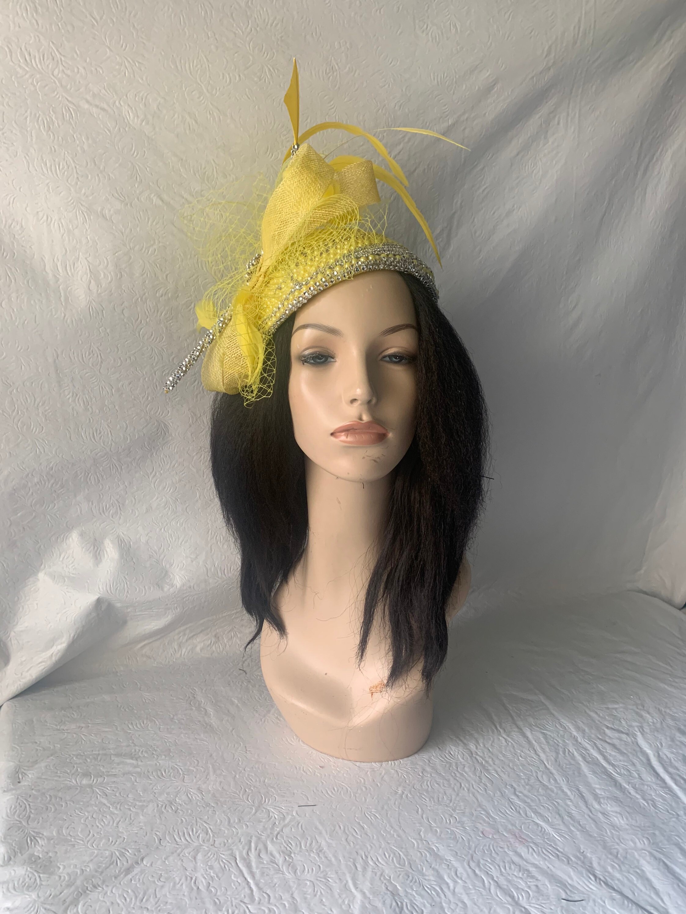 Elegant Yellow Hat with Red ribbon, pearls and Yellow Feathers Sequined Flapper Hat main image 3