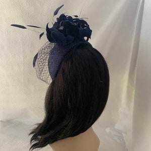 Dark navy blue fascinator hat with veil for wedding, mother of bride hat, womens church hat, formal hat, tea party hat, Kentucky derby hat image 5