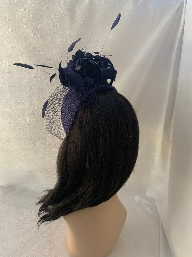 Dark navy blue fascinator hat with veil for wedding, mother of bride hat, womens church hat, formal hat, tea party hat, Kentucky derby hat image 5