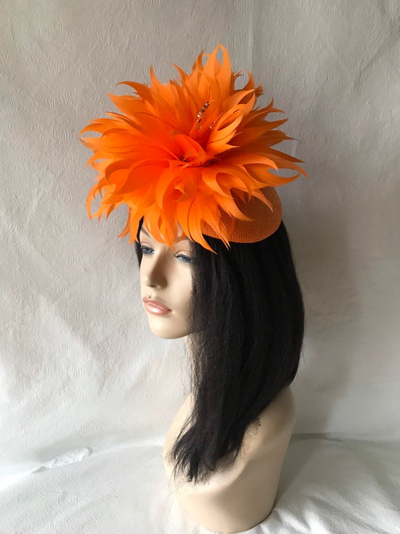 Orange Kentucky Derby Feathered Fascinator Formal Church Wedding Tea Burnt Orange Fascinator Tea Party Hat Church Hat Kentucky  main image 3