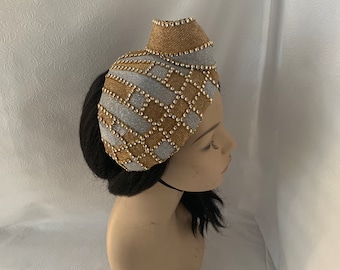 Gold and Silver Vintage styled 1950s-1960s Half Hat for Mother of the bride Wedding hat, Women’s Church hat, Gold and silver fascinator hat