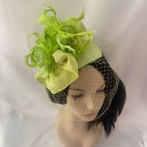 Lime Green yellow feather fascinator hat for tea party, gift set idea for Fashionista, Church hat with matching brooch, Chartreuse image 5