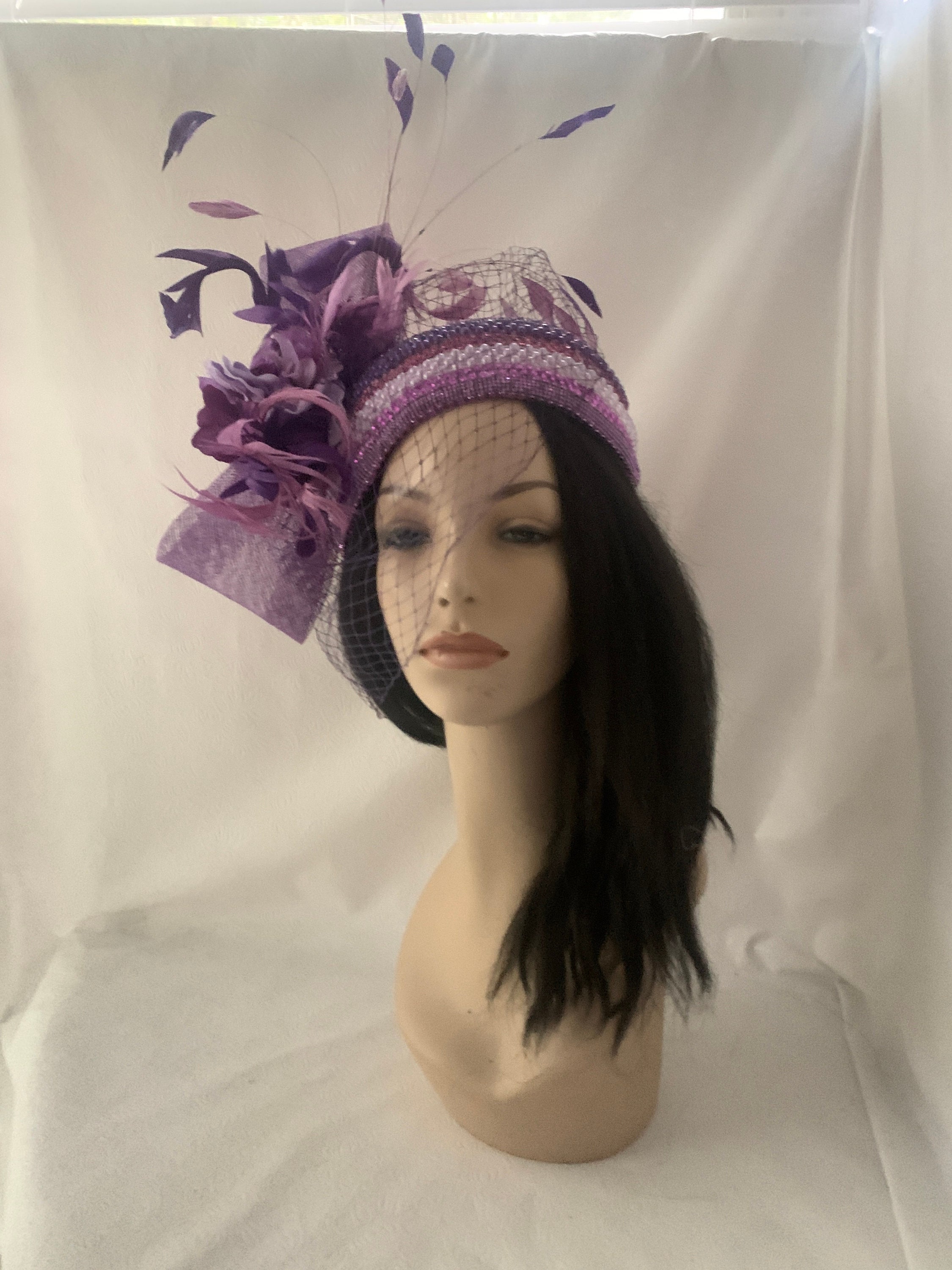 Purple Elegant Pearl Beaded Fascinator Veil Headband Hat  display picture 3