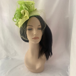 Lime Green yellow feather fascinator hat for tea party, gift set idea for Fashionista, Church hat with matching brooch, Chartreuse image 2
