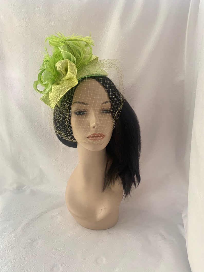 Lime Green yellow feather fascinator hat for tea party, gift set idea for Fashionista, Church hat with matching brooch, Chartreuse image 2