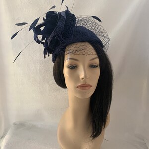 Dark navy blue fascinator hat with veil for wedding, mother of bride hat, womens church hat, formal hat, tea party hat, Kentucky derby hat image 9