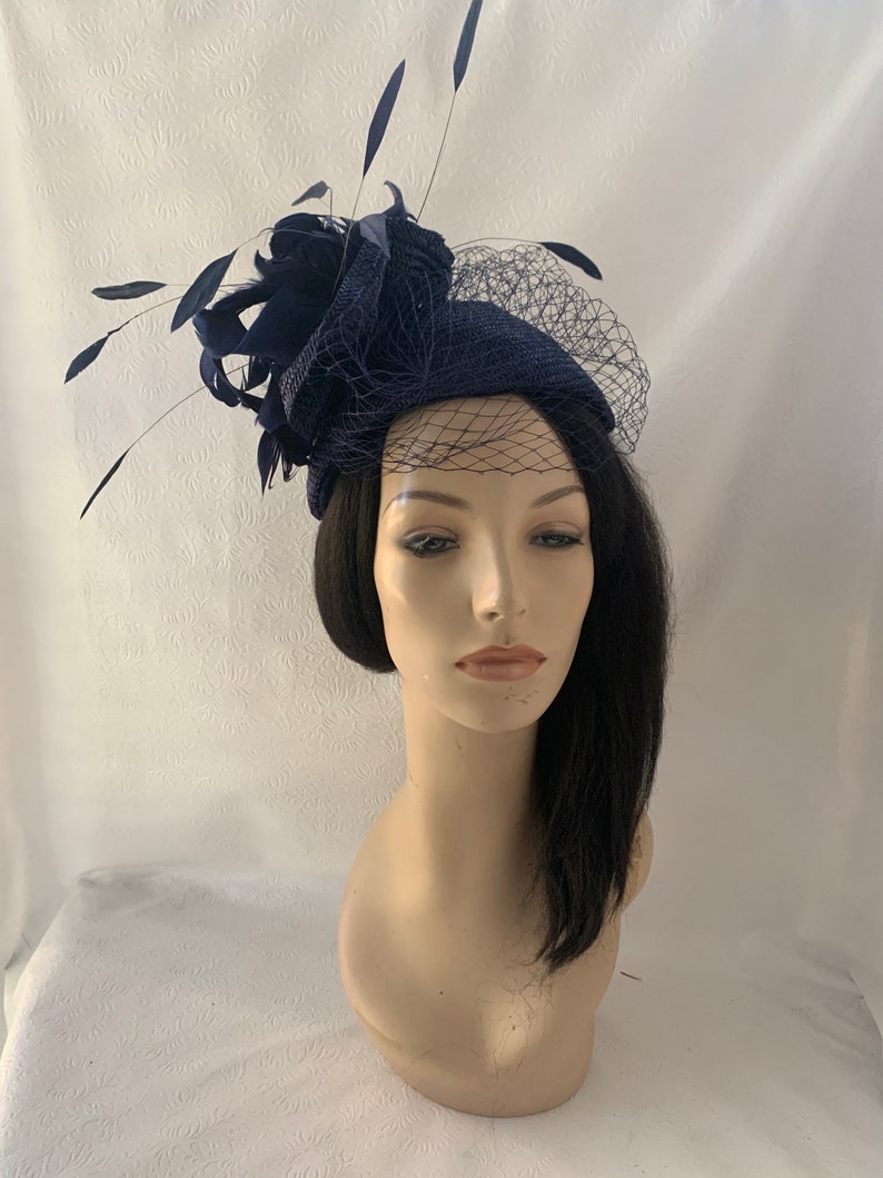 Dark navy blue fascinator hat with veil for wedding, mother of bride hat, womens church hat, formal hat, tea party hat, Kentucky derby hat image 9