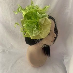 Lime Green yellow feather fascinator hat for tea party, gift set idea for Fashionista, Church hat with matching brooch, Chartreuse image 6