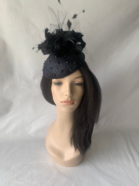 Black Fascinator Hat Rhinestone Dotted Veil for Kentucky 