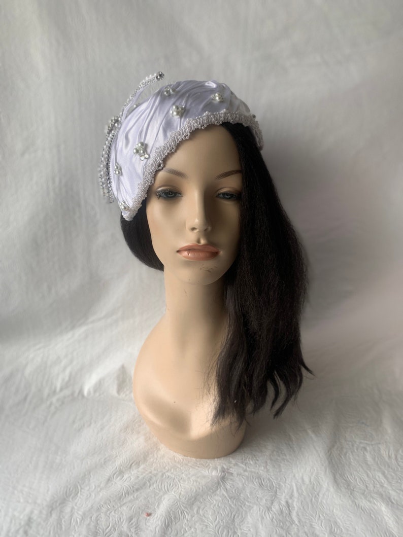 White Women’s vintage COGIC church hat satin bridal Wedding half hat