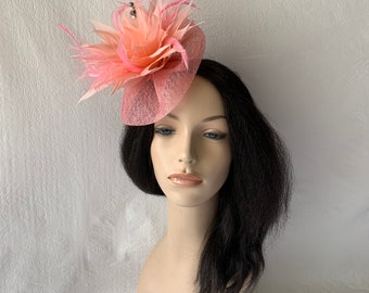 Coral pink fascinator sinamay Wedding hair fascinator clip Tea Party hat Kentucky Derby Mother of the bride hair accessories
