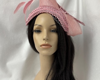 Pink pearl rhinestone Church half Hat Fascinator with Feather and Sinamay bow –  Pink Derby Hat, Wedding Guest Hat, Mothers Day