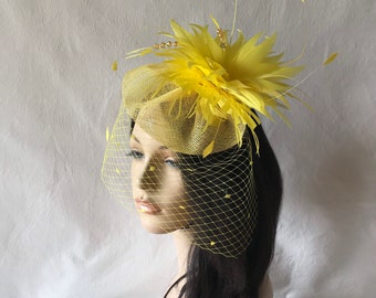 Yellow fascinator with dotted veil for wedding, tea party, church, Kentucky Derby, hat for races, mother of the bride or special occasion