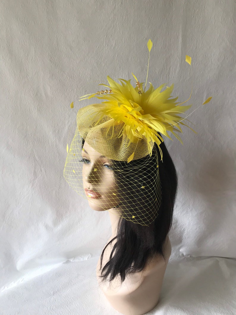 Kentucky Derby Yellow fascinator with dotted veil for wedding church hat for races mother of the bride or special occasion tea party