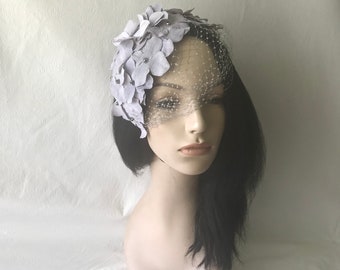 Gray flower petal Fascinator half hat with veil -vintage 1950s -1960s  Mother of the bride wedding hat, church hat Kentucky Derby, Tea Party