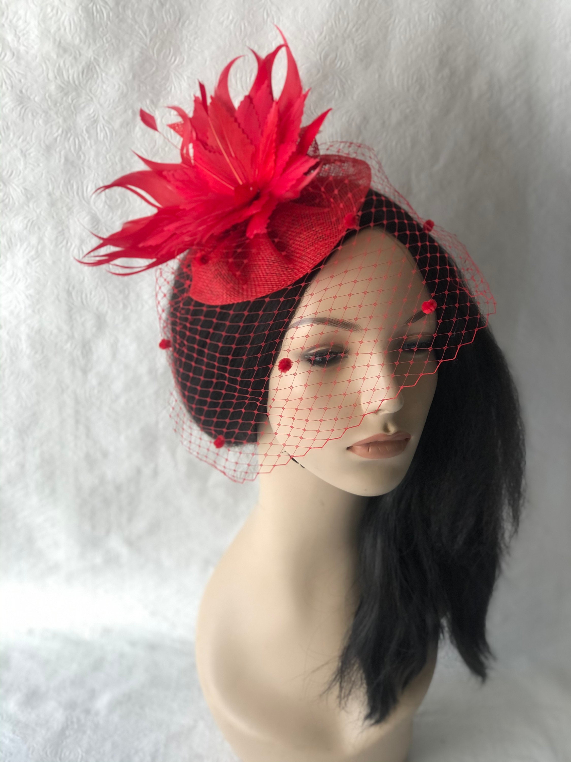 Red Fascinator Hat With Dotted Veil, Red Mini Fascinator Hat 
