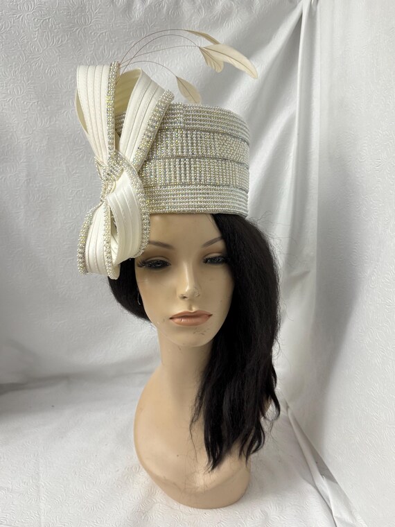 Cream Rhinestone Loop Pillbox Church Hat – Ivory Couture Mod 