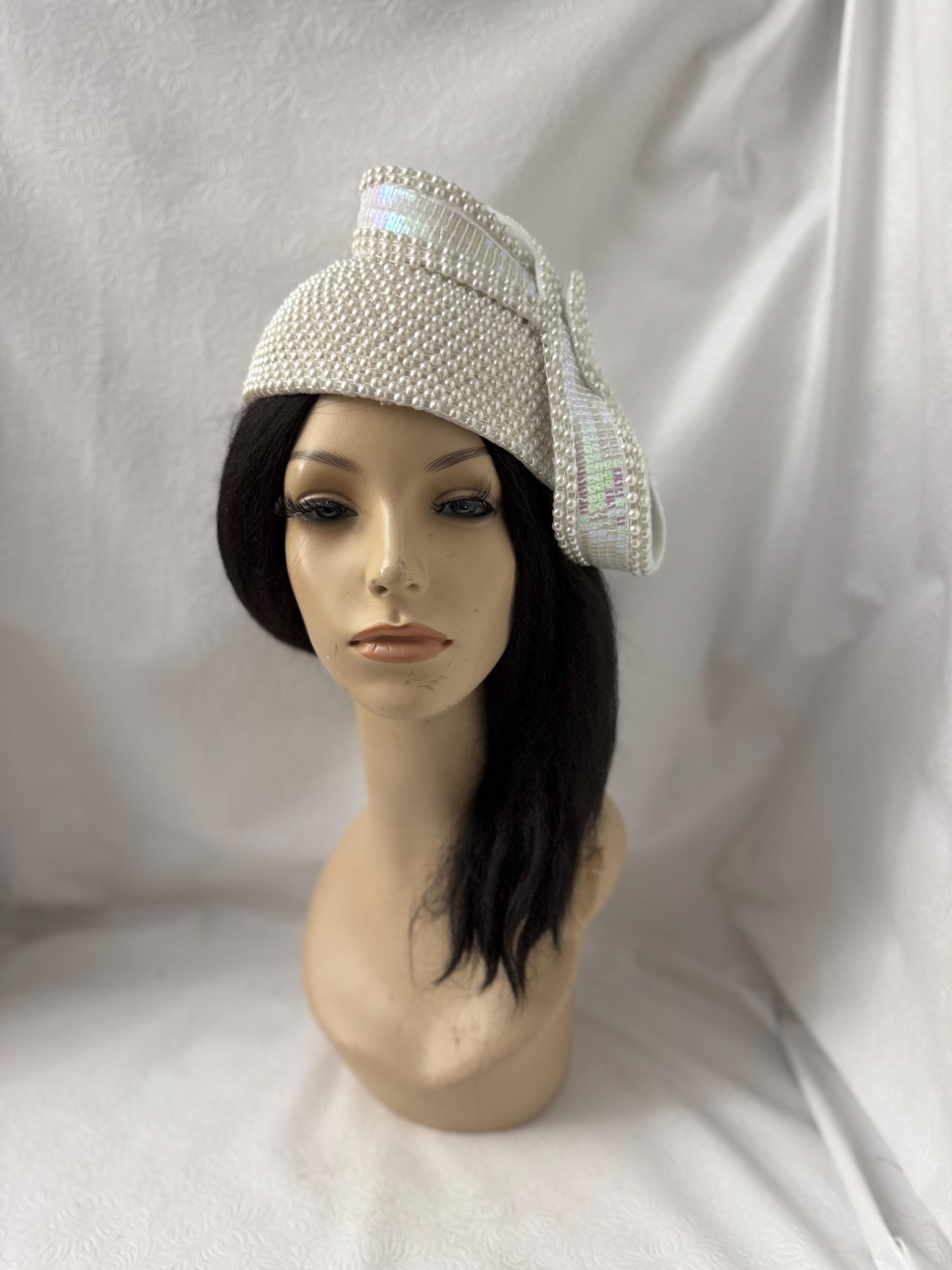 White Pearl Beaded Pillbox Hat: Tea Party, Wedding, Church