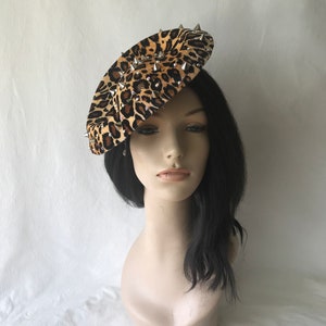 Leopard print fascinator hat, animal print hat, steampunk spikes rockabilly fascinator hat with Swarovski Crystal, wedding, tea party, races