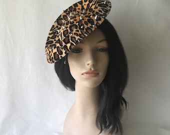 Leopard print fascinator hat, animal print hat, steampunk spikes rockabilly fascinator hat with Swarovski Crystal, wedding, tea party, races