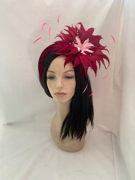 Burgundy Derby Feather Headband Fascinator -velvet Halo  display picture 2
