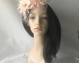 Nude pink feather veil fascinator headband Wedding derby tea Party races Birthday Photoshoot hair mother of bride