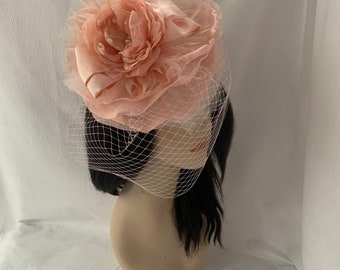 Peach flower fascinator hat with birdcage veiling for Mother of bride wedding hat, high tea Party hat, derby fascinator, church hat